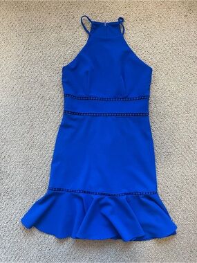 Royal Blue High-Neck Ruffle-Hem Mini Dress